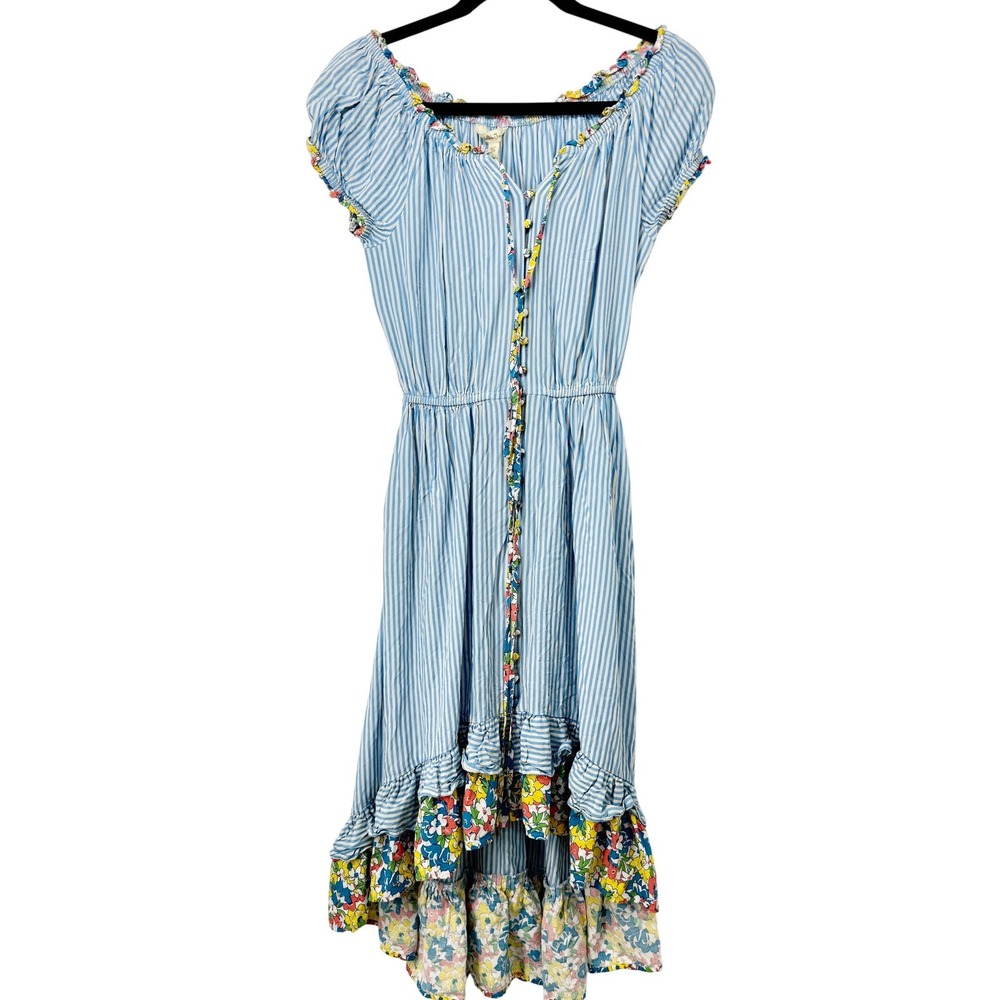 Matilda Jane Cottage Peasant‎ Dress Striped Floral Ruffle High Low XS Blue White